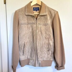 VTG 70s 80s Brown Suede Leather‎ Knit Zip Sweater Jacket Mens Size M Bomber